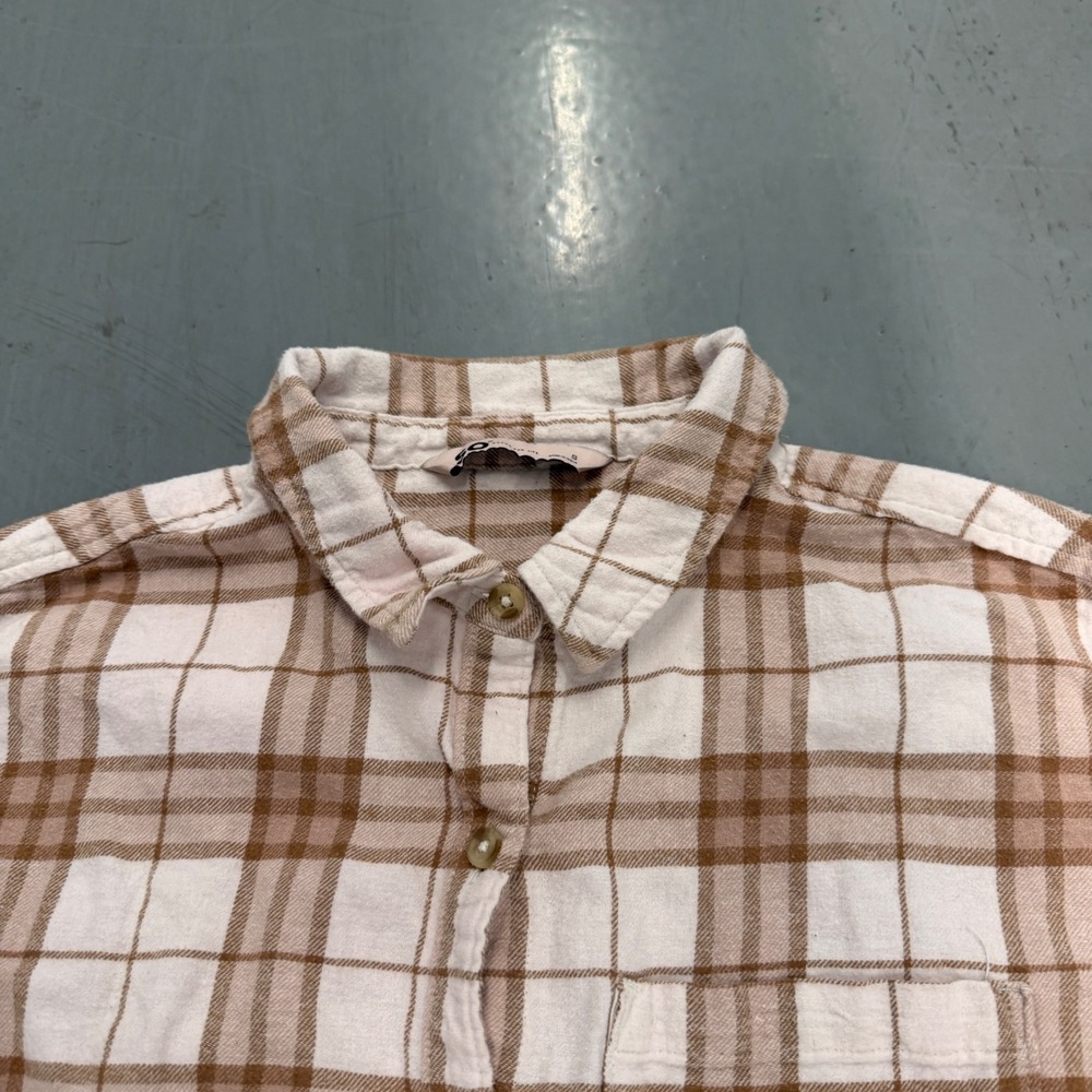 SO Goods For Life Tan White‎ Plaid Flannel Button Down Shirt Womens Small S - Picture 3 of 10